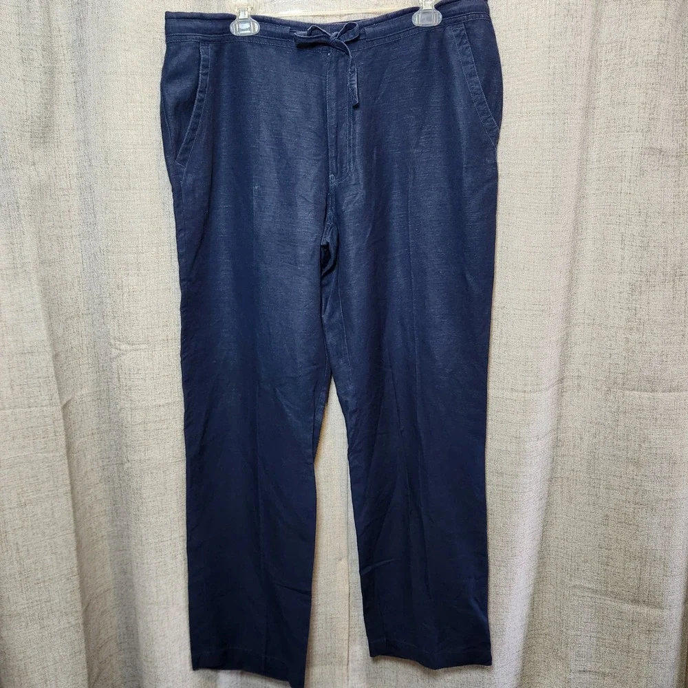 Cubavera Linen Blend Pants Men's LG‎ Navy Blue Drawstring Pockets Casual Relaxed